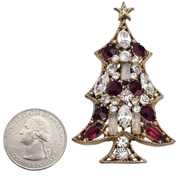 Regency Gold Tone Red Clear Rhinestone Christmas Tree Brooch Signed, J5 - Picture 9 of 11